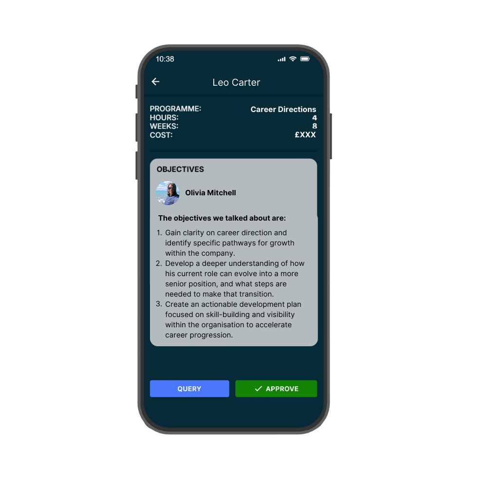 Confidential-Career-Coaching A mobile view of objectives to be approved by the sponsor of the Career Directions programme.
