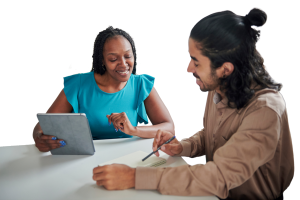 Two professionals in a coaching conversation, representing Chiumento’s Career Coaching Guide and Career Navigator programme.